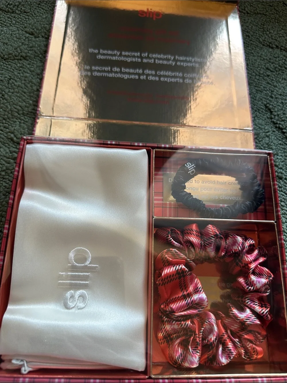 Slip Red Plaid Gift Set with Pillow Case, small and Medium scrunchie